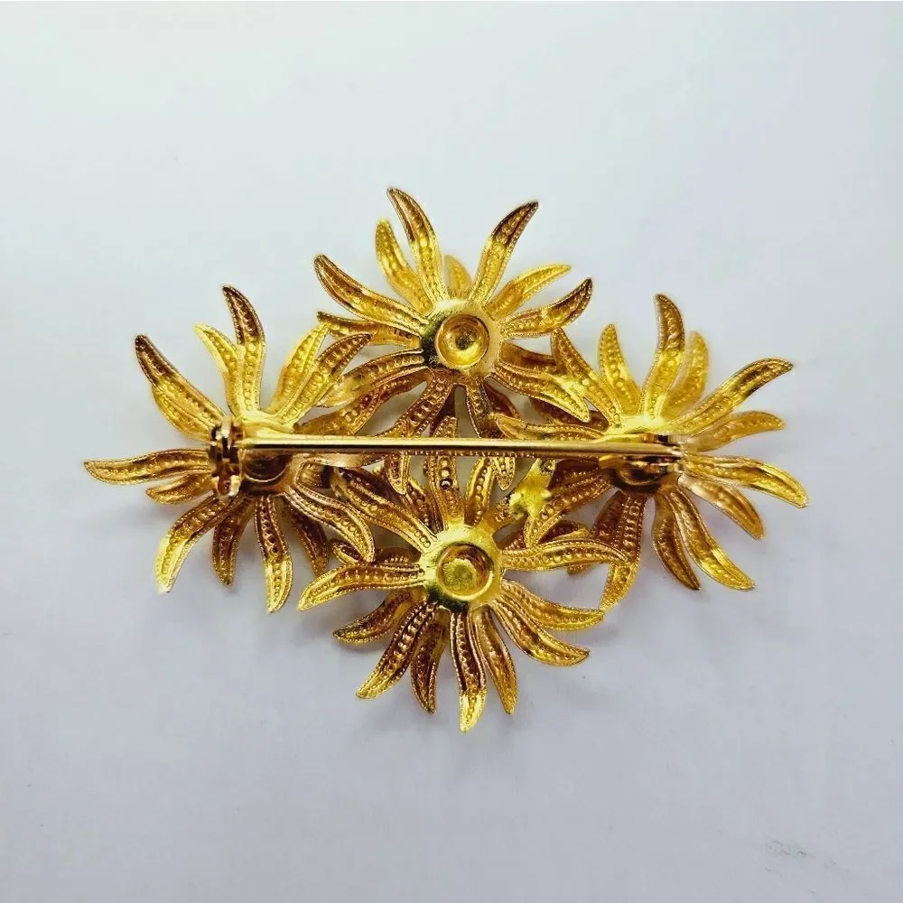 Vintage Signed Austria Gold Tone Prong Set Rhinestone Cabochon Floral Brooch Pin